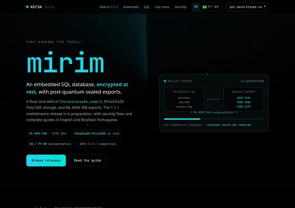 Captura de tela de mirim: SQL embarcado com armazenamento criptografado