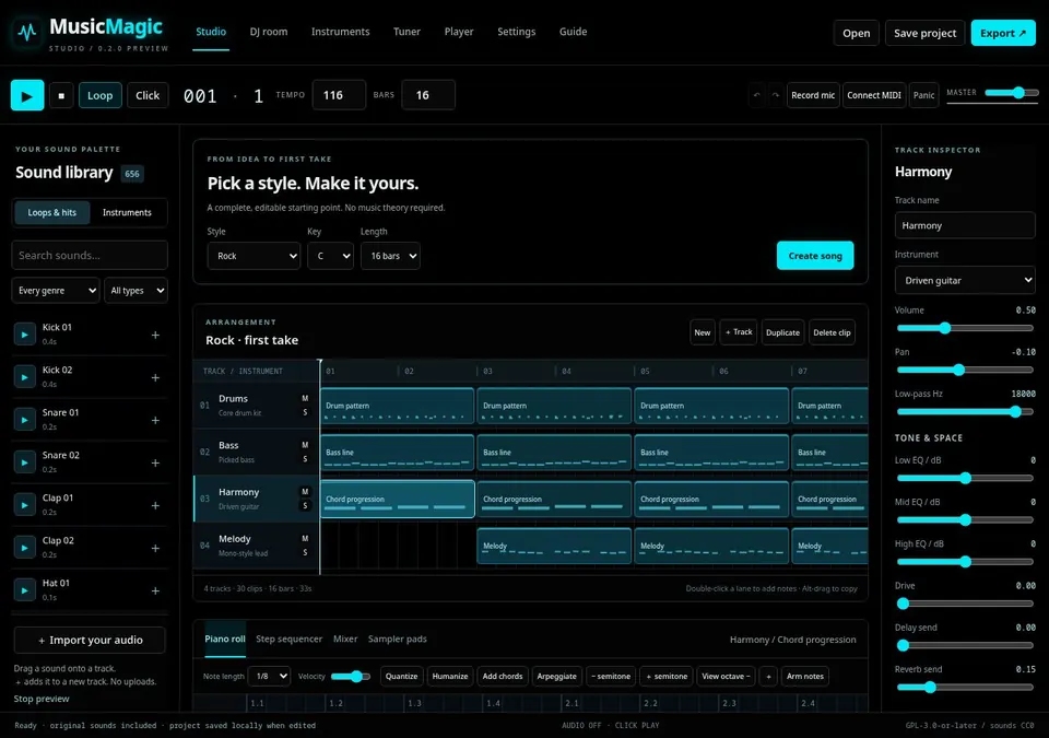 Captura de tela de MusicMagic: composição musical local no navegador