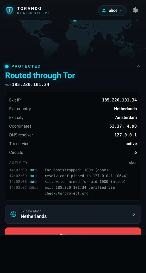 Captura de tela de Torando-Gui: controle visual do roteamento por Tor
