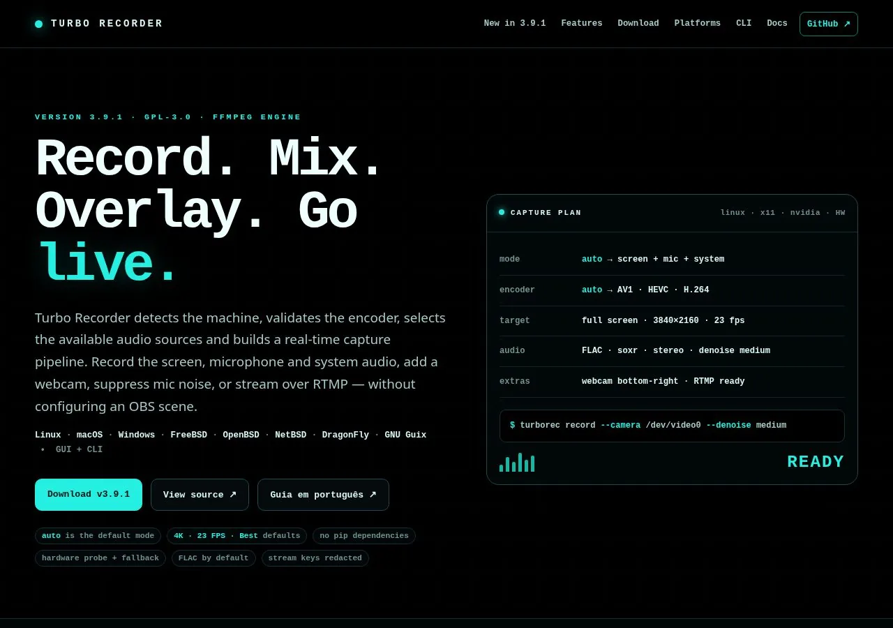 Screenshot of Turbo Recorder: cross-platform recording and streaming