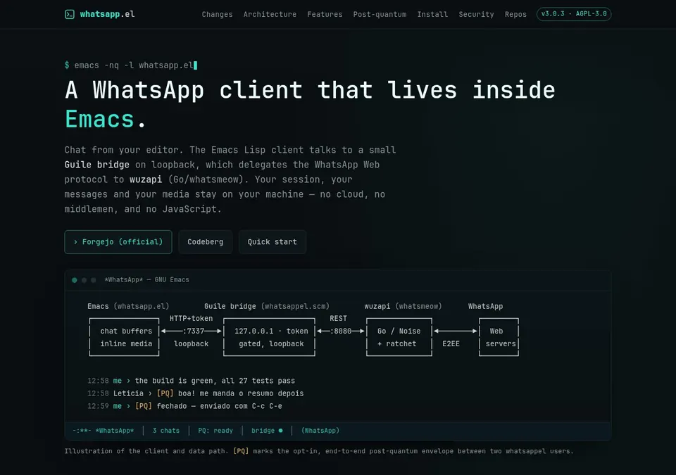 Captura de tela de WhatsAppel: conversas dentro do Emacs