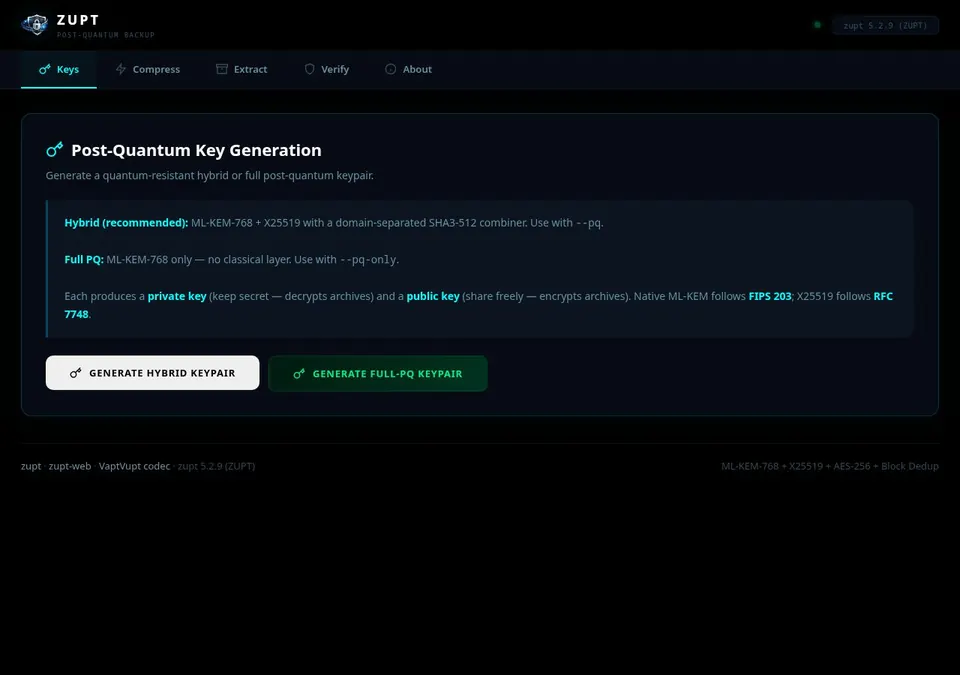 Captura de tela de ZUPT Web: backups pelo navegador no seu servidor
