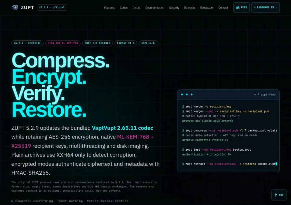 Captura de tela de ZUPT: arquivos de backup compactados e autenticados